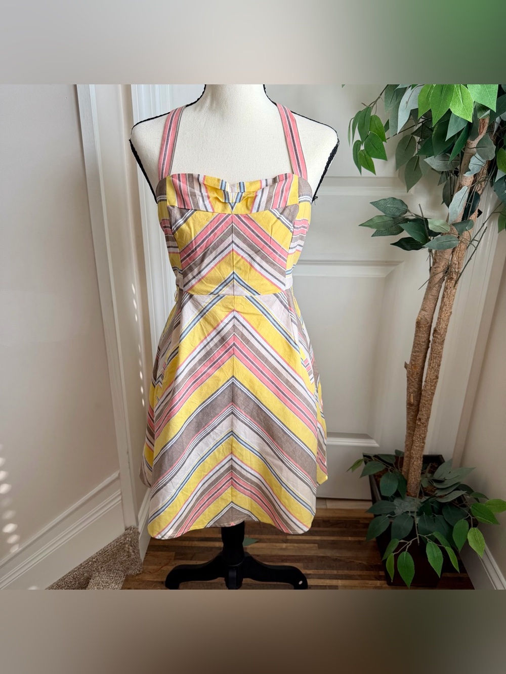 Heart Soul Y2K Halter Cotton Chevron Stripe Sundress Yellow Sz XL
